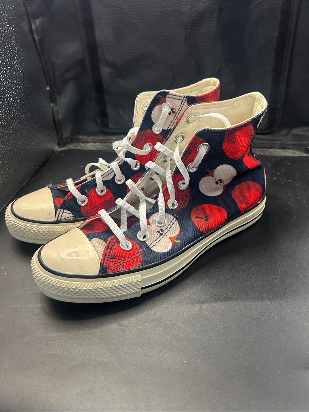 Converse High Top Sneakers in Navy with Red and White Apple Print